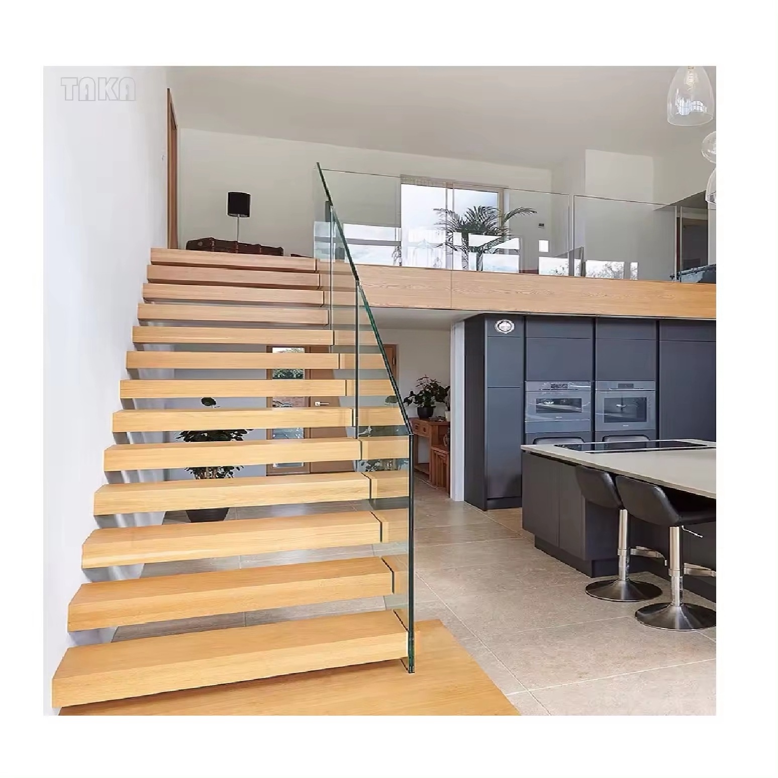 Modern glass railing white oak wood treads floating staircase for sale