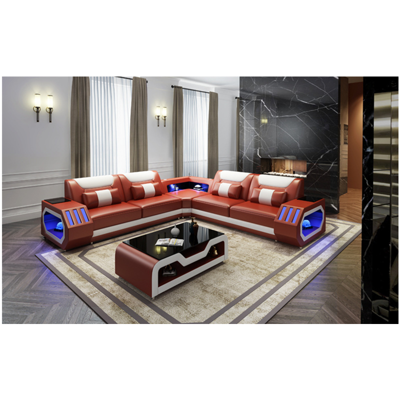 Wholesale  LED light and USB  living room multifunctional leather sofa and tea table