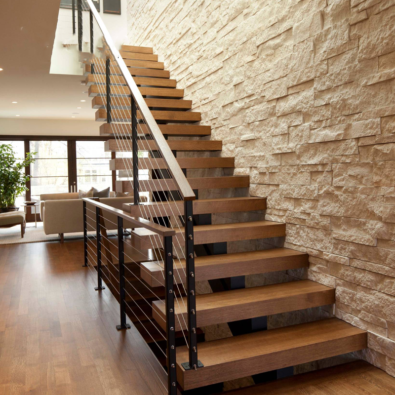 Modern design indoor straight glass railing LED staircase solid wood treads floating steel wood stairs