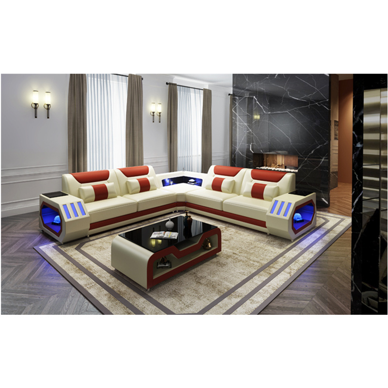 Wholesale  LED light and USB  living room multifunctional leather sofa and tea table