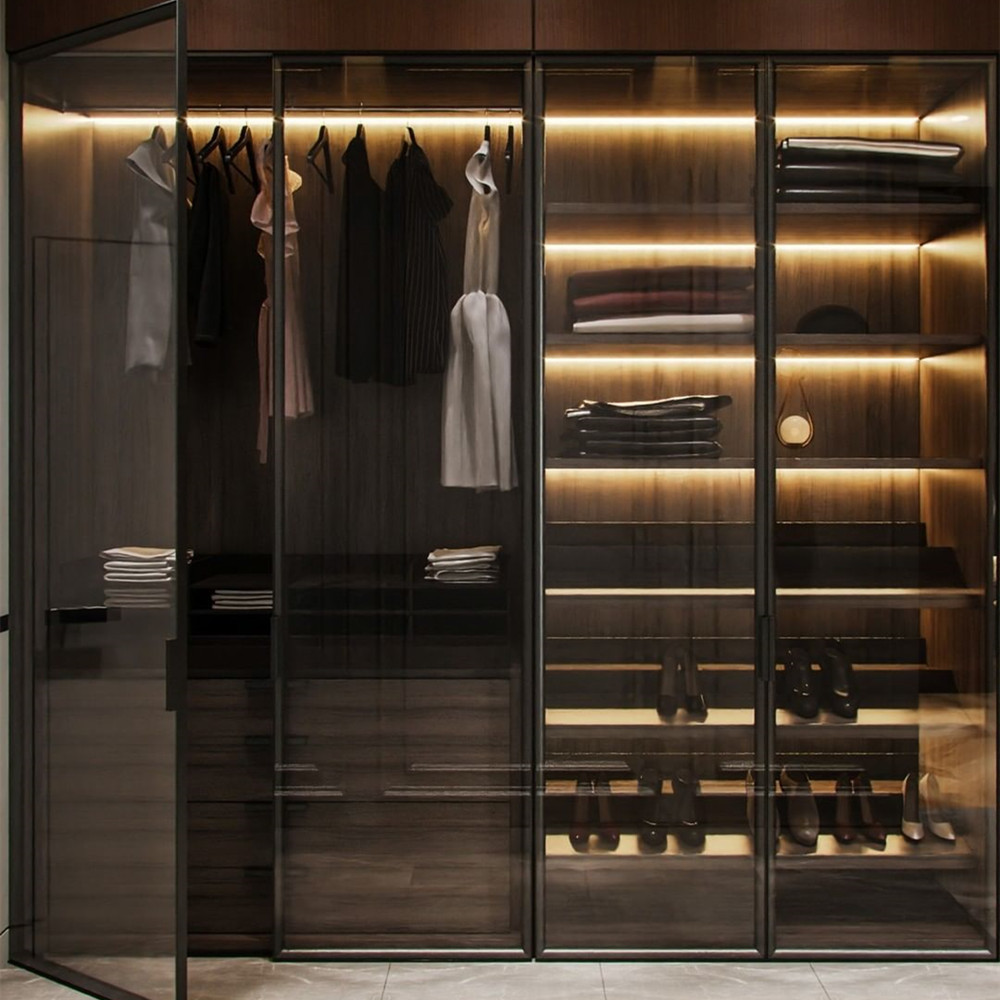 Luxury Design Tempered Glass Doors Customized Wardrobe Closet With Drawer Island