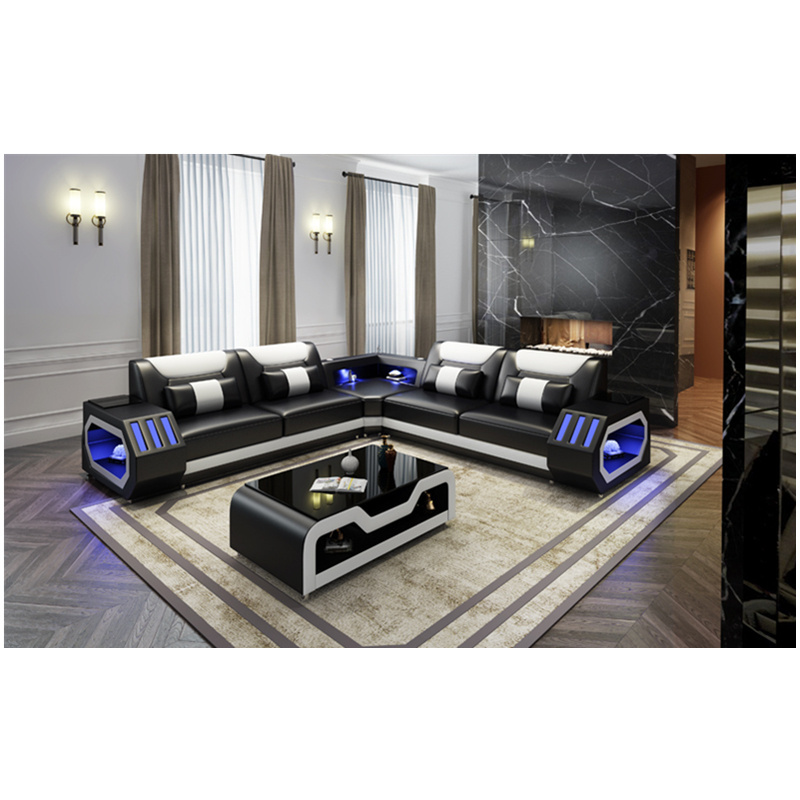 Wholesale  LED light and USB  living room multifunctional leather sofa and tea table