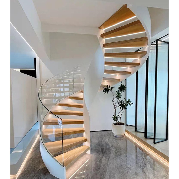 Modern Floating Tempered Glass / Wooden Staircase Steps And Railing Handrail Stair System Kit