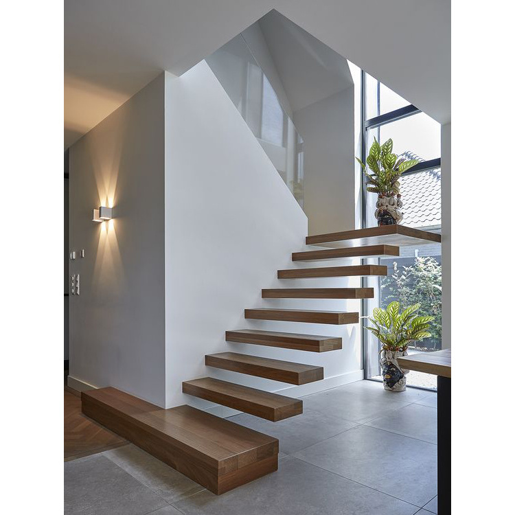 Modern Floating Tempered Glass / Wooden Staircase Steps And Railing Handrail Stair System Kit