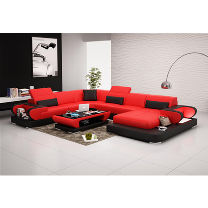 Factory Selling Red and Black Genuine Leather Sofa Set Living Room Furniture L Shape Furniture Sofas