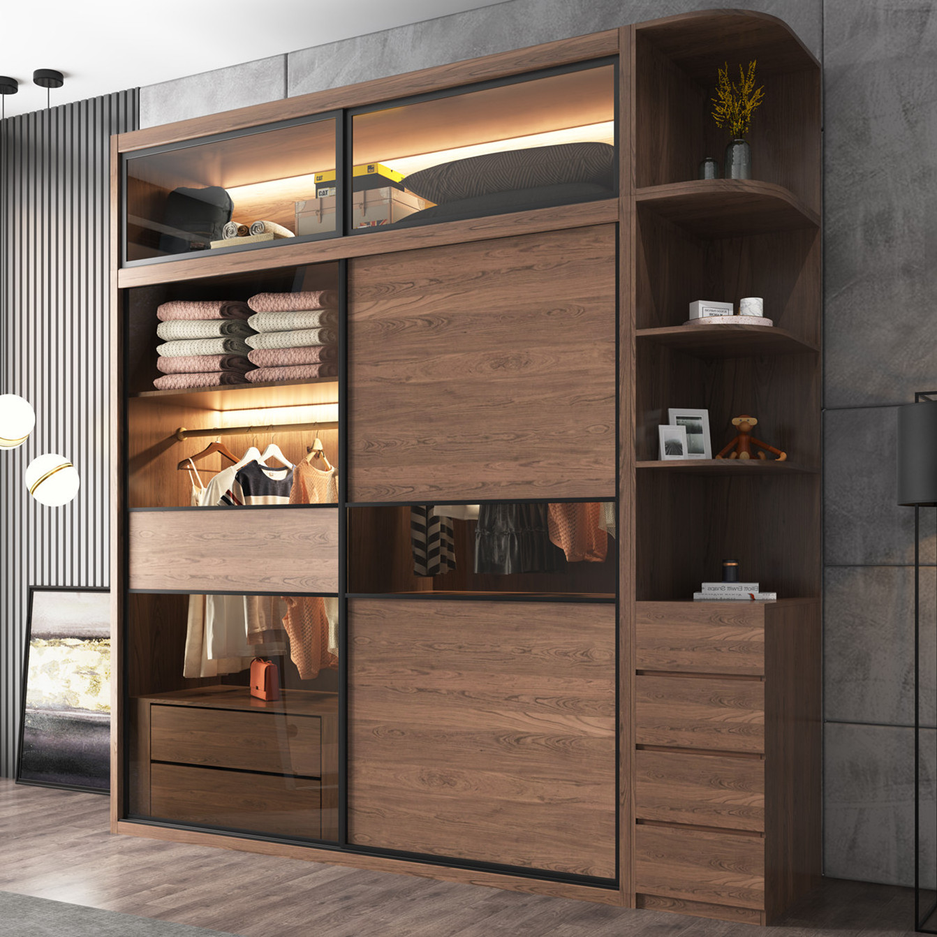 Modern New Design Opening Door Wooden Dark Brown Wardrobe