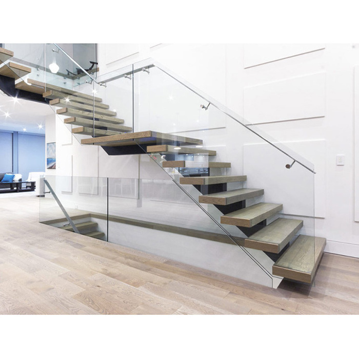 L shape Steel wood staircase middle landing design metal railing stairs