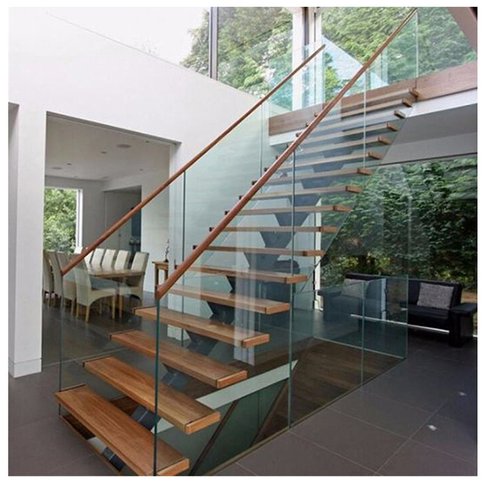 L shape Steel wood staircase middle landing design metal railing stairs