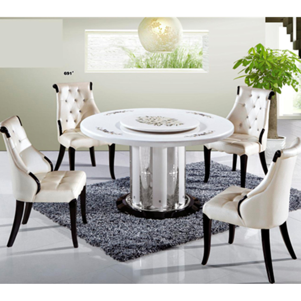 Shenzhen Furniture marble dining set white leather chair and round rotating dining table