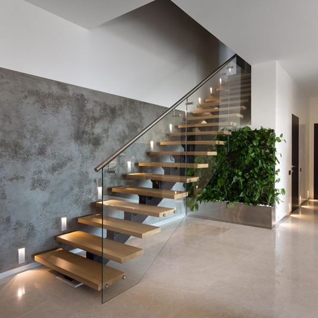 Modern Stainless Steel Handrail Design Wood Interior Staircase Stairs Glass Handrail Floating Straight Stair