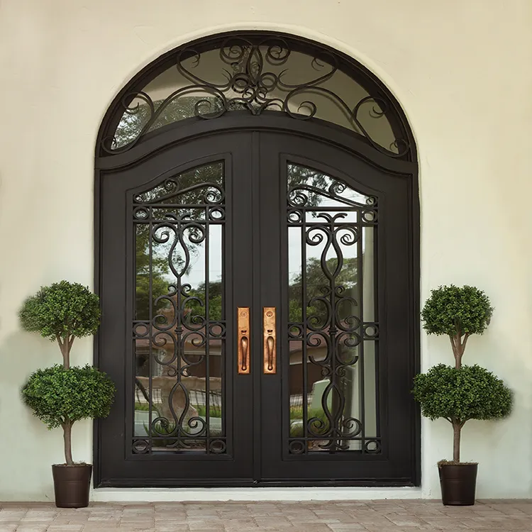 Classical Design Double Security Door Wrought Iron Front Smart Lock Outdoor Waterproof For Iron Door For Home