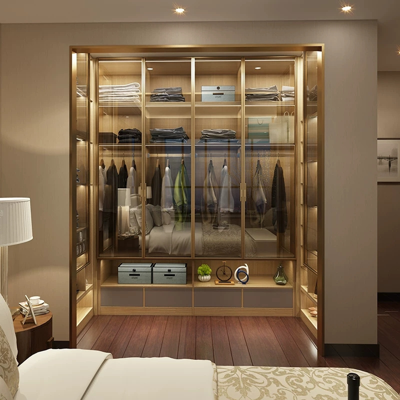 Modern Luxury LED Wardrobes New Design Sliding Glass Door Walk In Closet Bedroom Closets