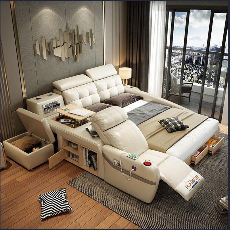 Bedroom leather bed design with multi-function