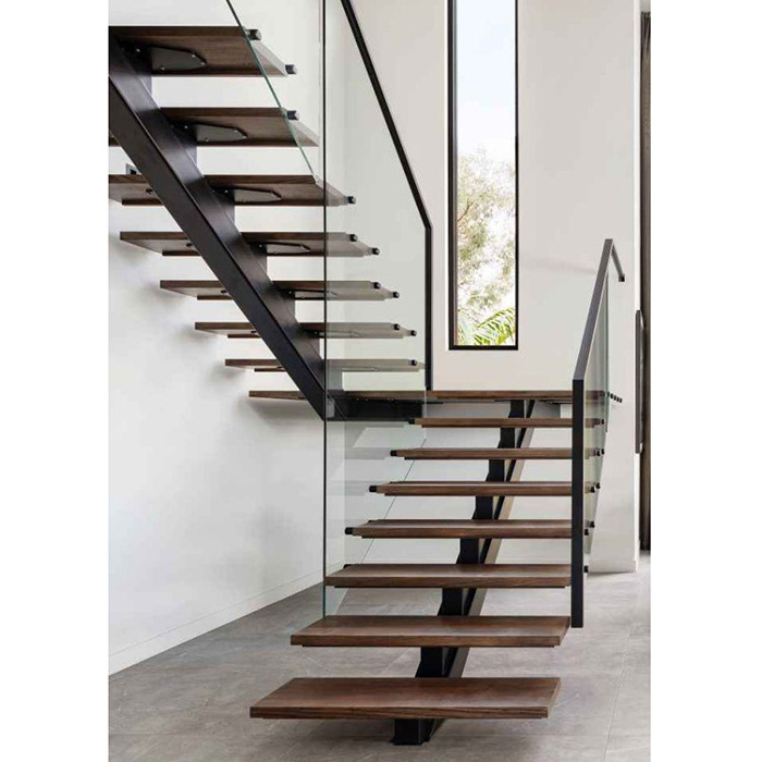 L shape Steel wood staircase middle landing design metal railing stairs