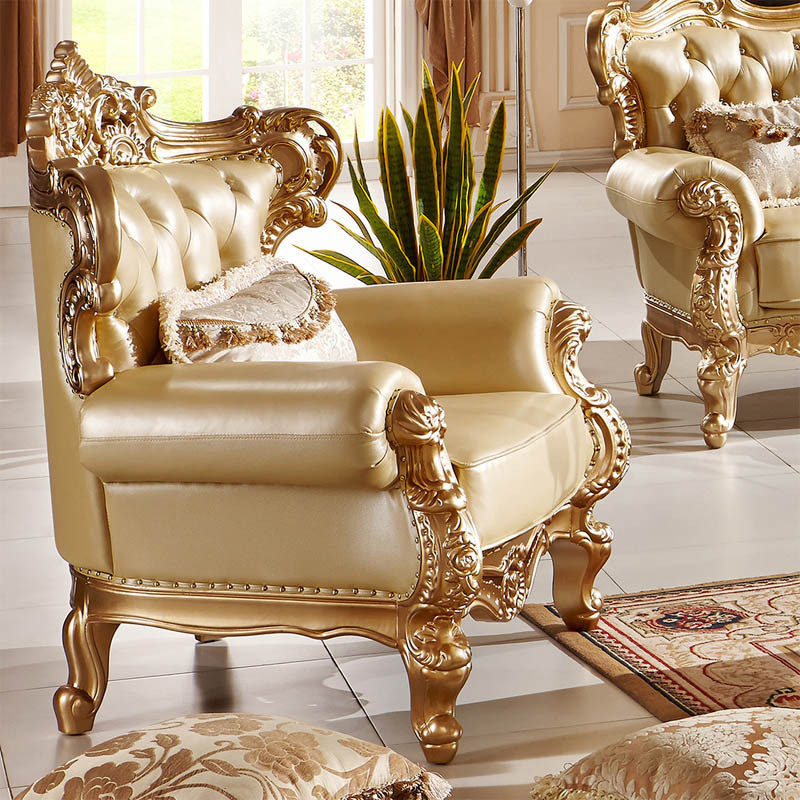 Luxury royal gold carved wood frame real leather antique living room sofa