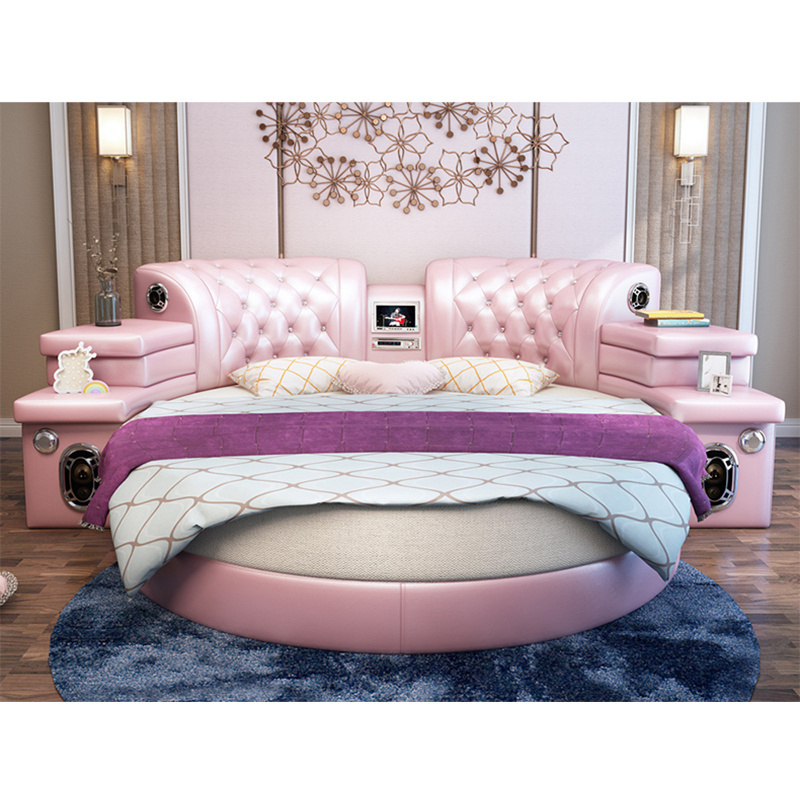 girls bedroom furniture pink big round leather bed, cheap round beds for sale