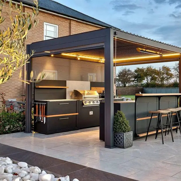 Weatherproof Kitchens outdoor kitchen with grill BBQ Outdoor Kitchen Island with Automatic telescopic gazebo