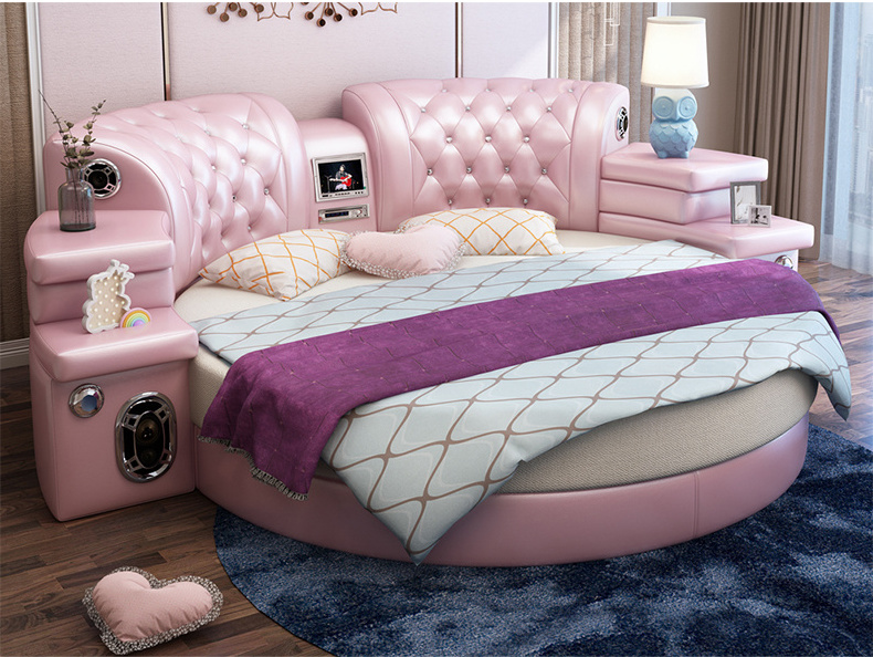 girls bedroom furniture pink big round leather bed, cheap round beds for sale