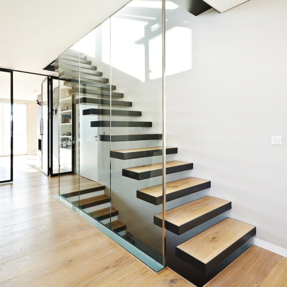 CBMmart Glass fencing floating stair tread with wall-inserted brackets