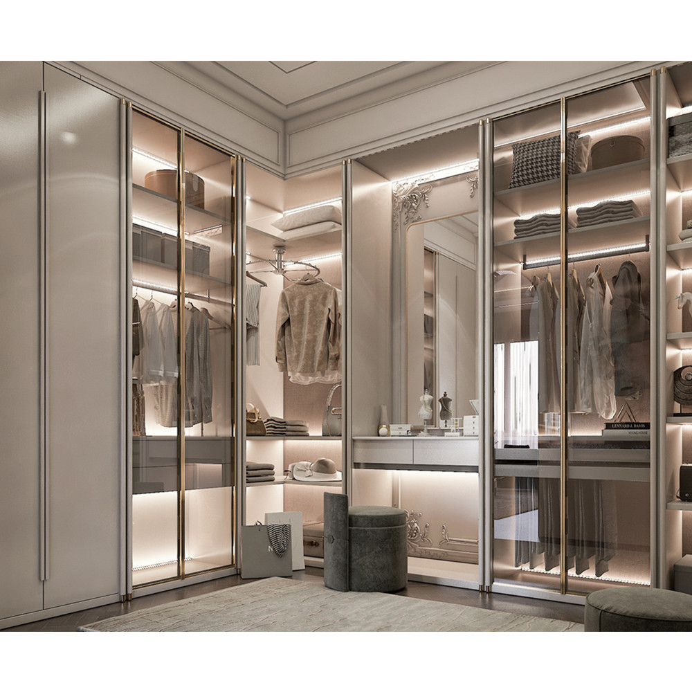 Modern Luxury LED Wardrobes New Design Sliding Glass Door Walk In Closet Bedroom Closets