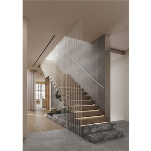 Customized Staircase Inside Metal Ceiling Rod Rope Glass Railing LED Light Marble Wood Treads Design Free 3D Drawings for Stairs