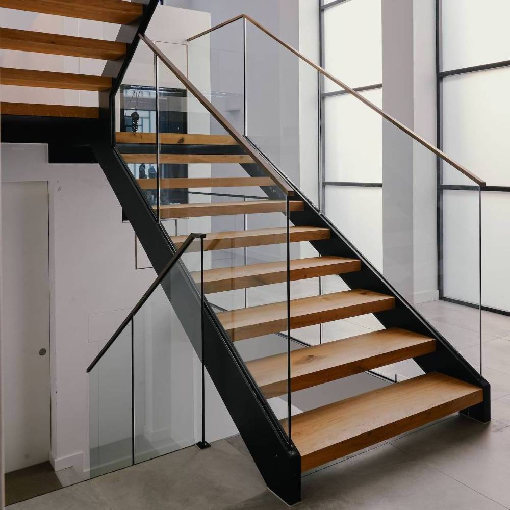 CBMmart American white oak steps treads stairs side steel stringer beam stairs wooden decorative staircase