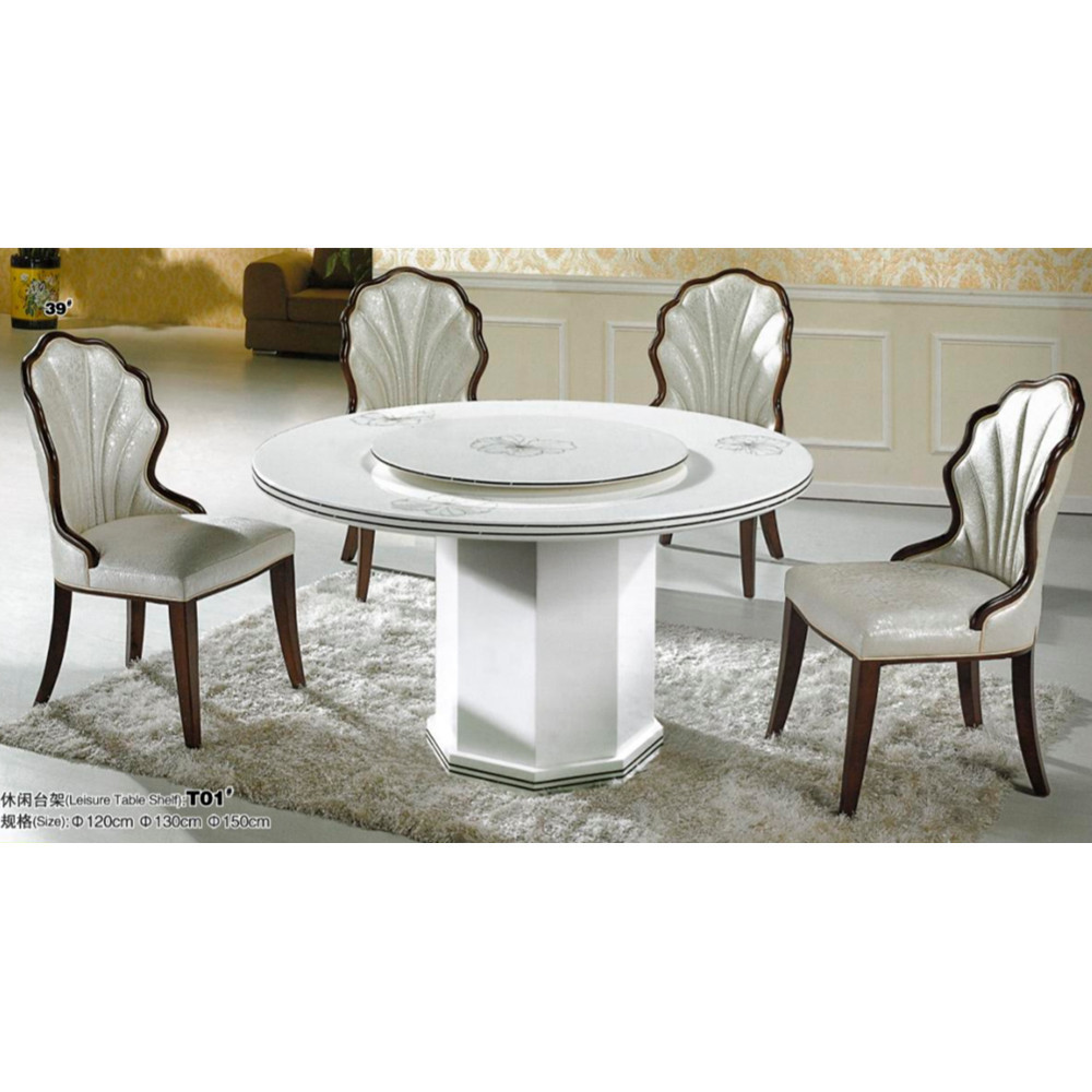 Shenzhen Furniture marble dining set white leather chair and round rotating dining table