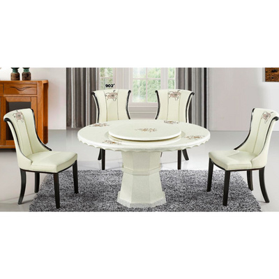 Shenzhen Furniture marble dining set white leather chair and round rotating dining table