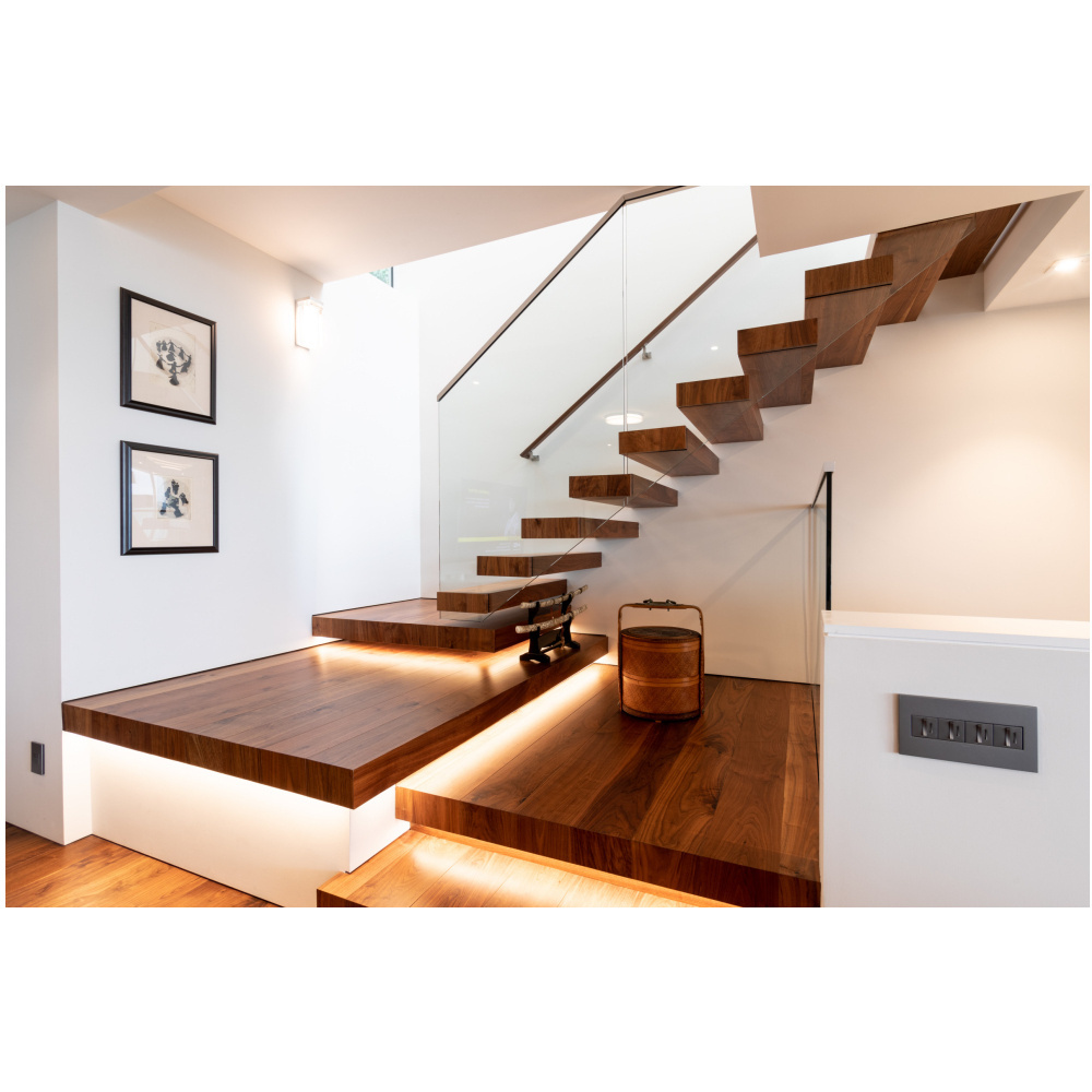 CBMmart Home Floor Walnut Staircases LED Lighting Glass Wooden Portable Stair Steps Lift Floating Wood Stair Treads