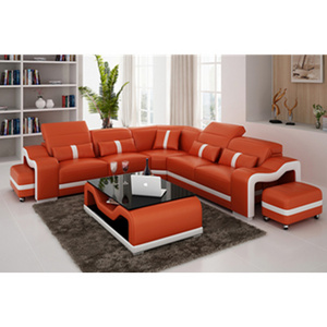 Big size L shaped living room furniture deep orange genuine leather sofa