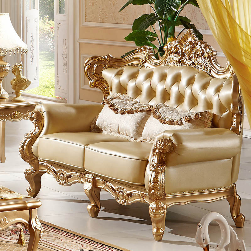 Luxury royal gold carved wood frame real leather antique living room sofa