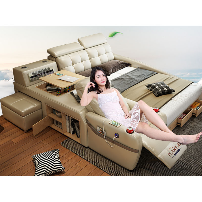 Bedroom leather bed design with multi-function