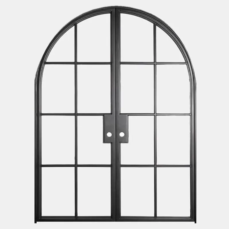 Modern decorative exterior front entry wrought iron grill door metal door double full arch steel glass door