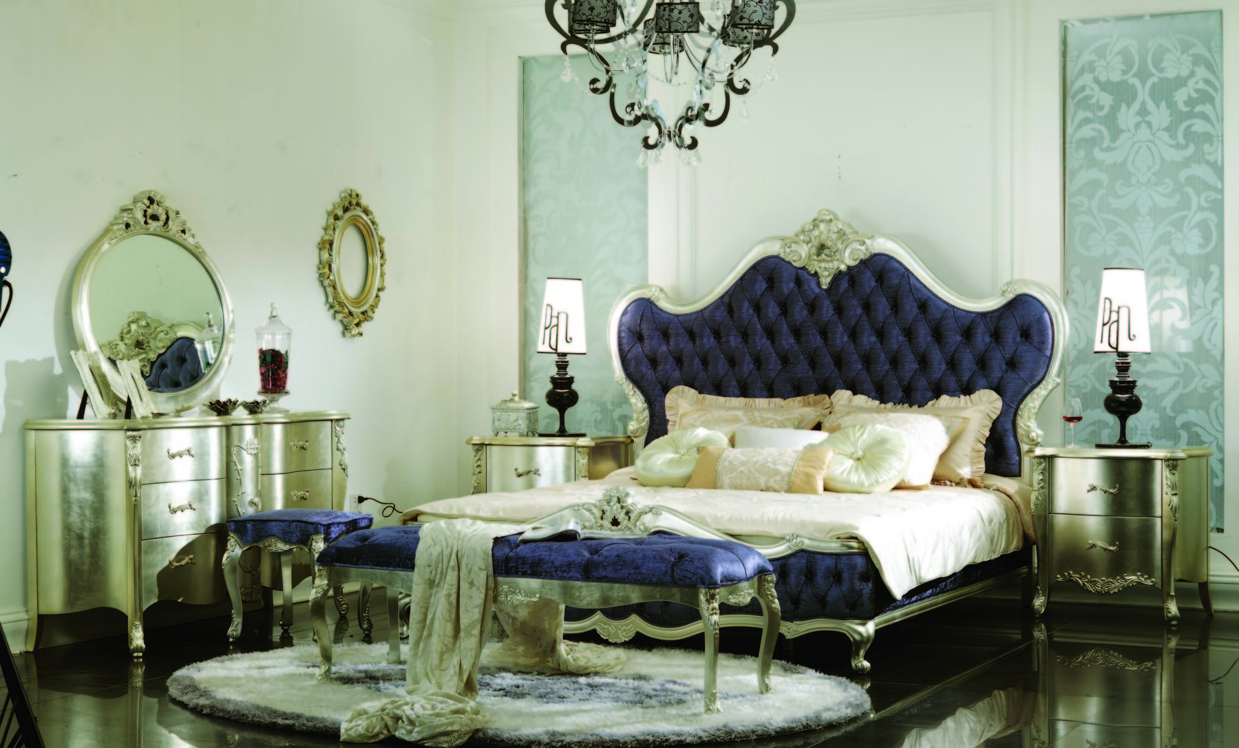 elegant king size bedroom sets, luxury antique purple velvet bed