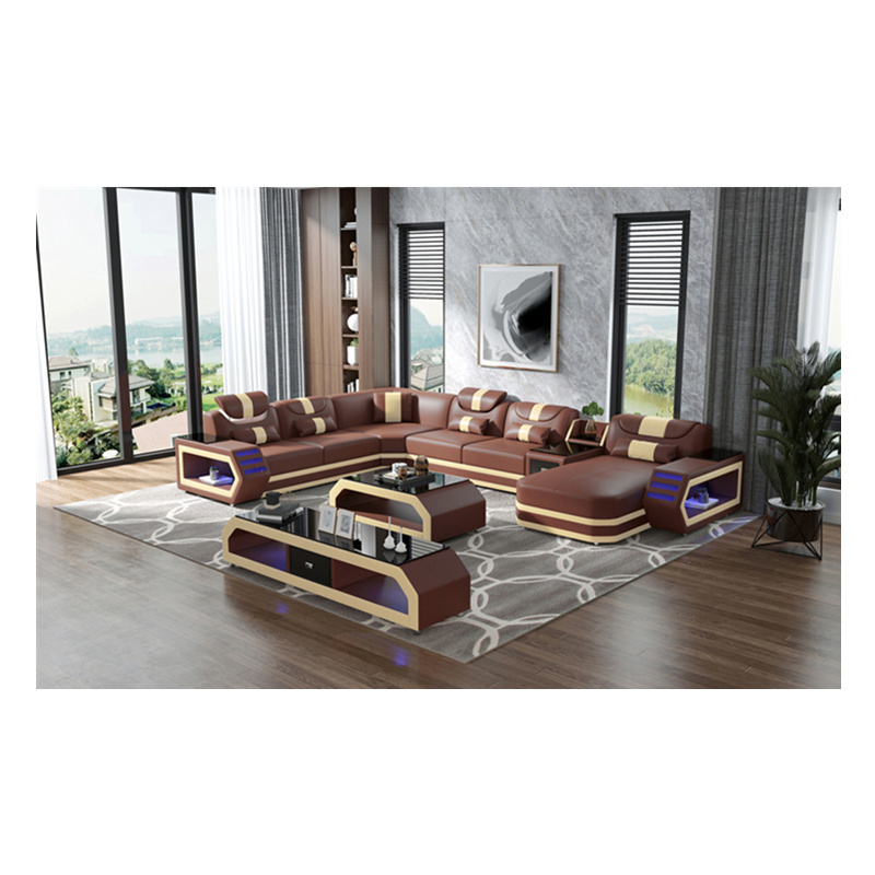 Top Level Genuine Leather Sofa set with LED Light Sofas y Sillones Sofa Cama