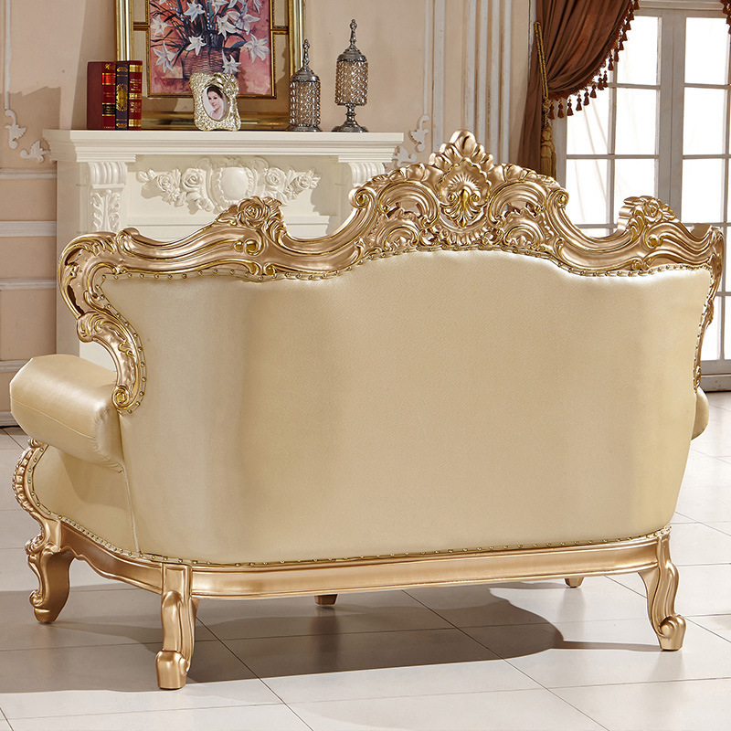 Luxury royal gold carved wood frame real leather antique living room sofa