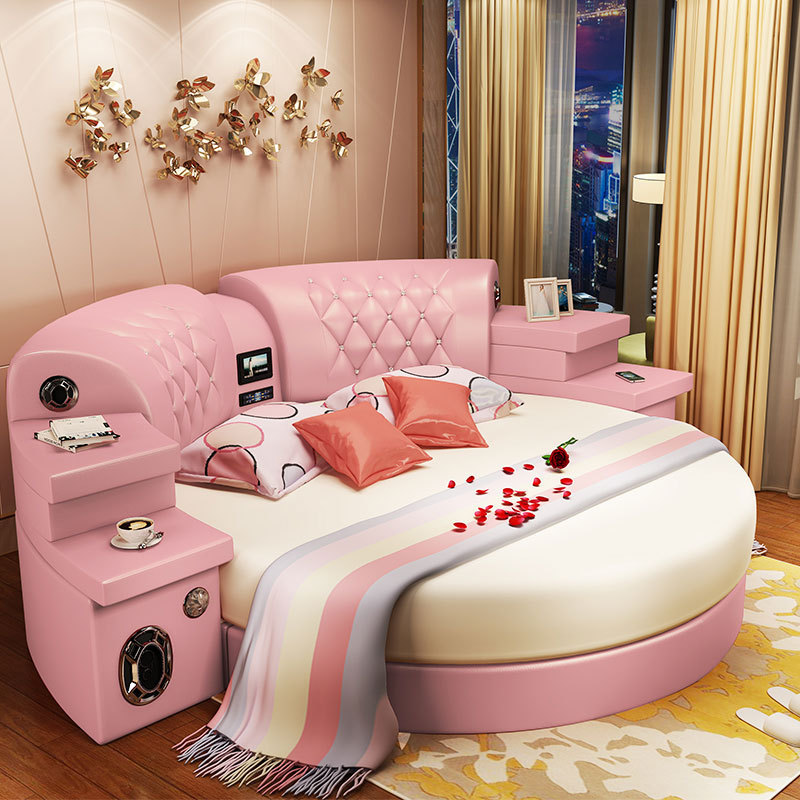 Princess fancy bed big size girl bedroom furniture modern adult style leather massage round bed