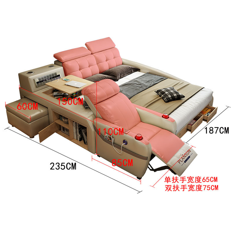 Bedroom leather bed design with multi-function