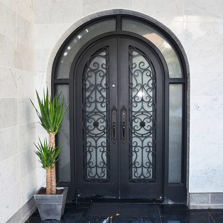 Cheap Price Nigeria Catalogue Cast Arches Front Double Galvanized Entrance Entry Wrought Iron Door With Sidelight