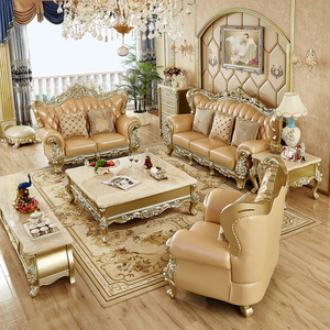 European Furniture Designs Luxury Baroque Top Grain Wood Royal Carved Classic Traditional Leather Antique Sofa