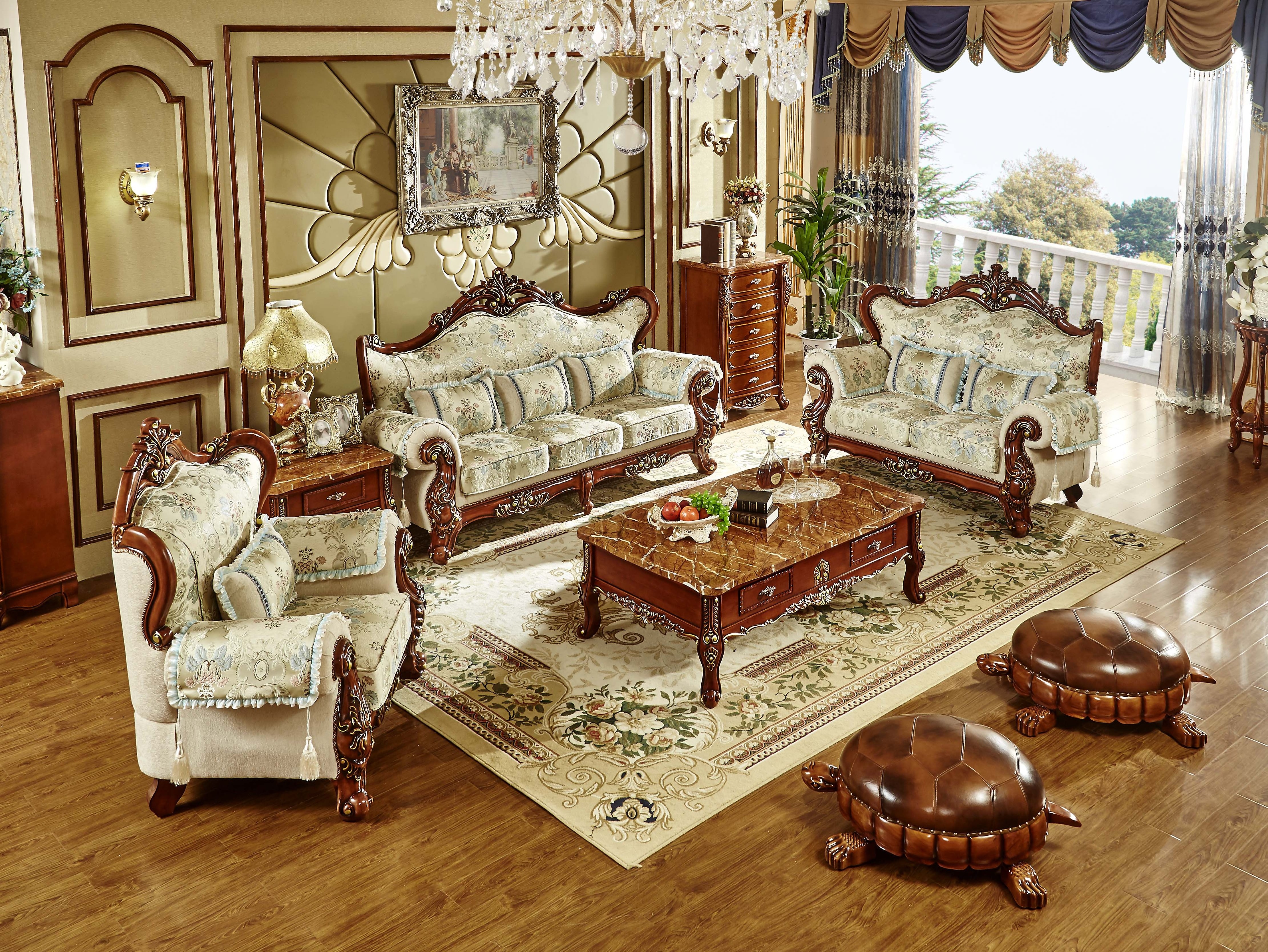 European Furniture Designs Luxury Baroque Top Grain Wood Royal Carved Classic Traditional Leather Antique Sofa