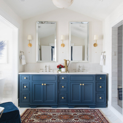 USA Blue shaker double sink bathroom cabinets white marble countertop vanity with golden handle for villa