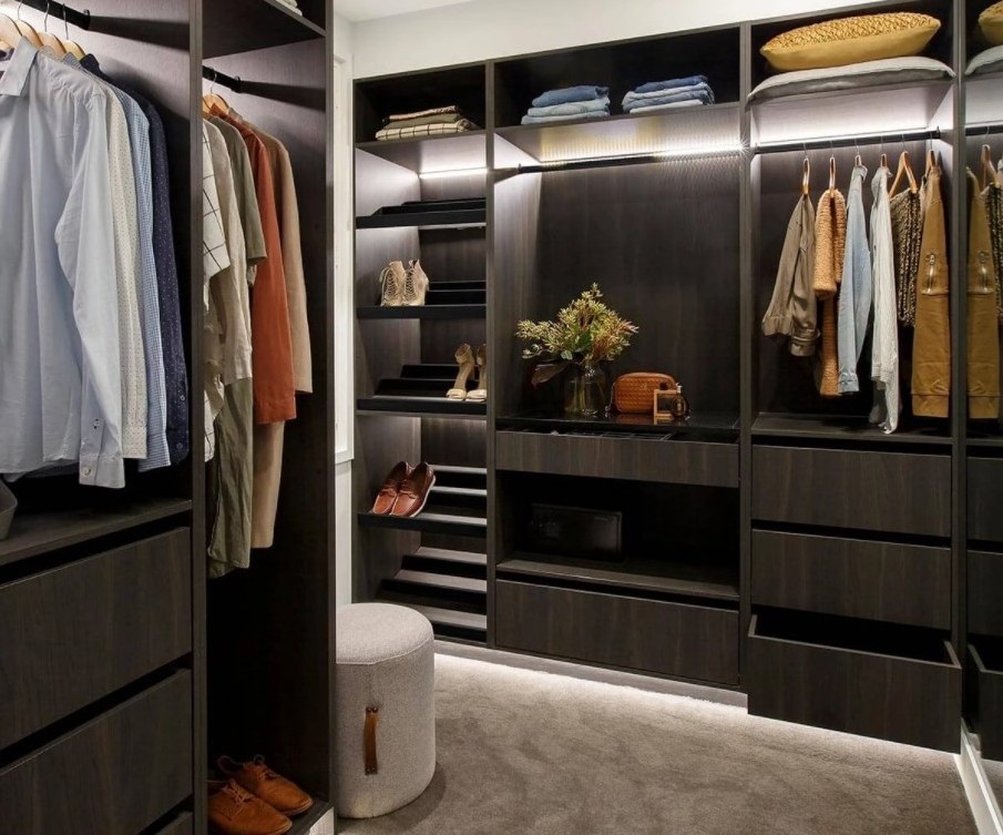 Customized wall wardrobe closet organizer with open shelves  walk in closet wardrobe with dress up table