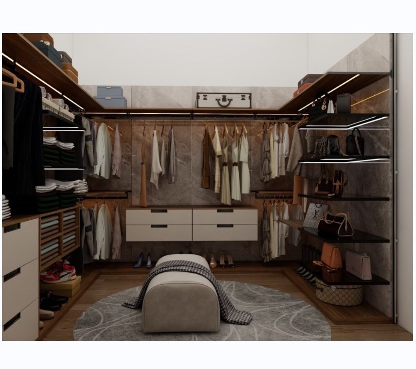 Customized wall wardrobe closet organizer with open shelves  walk in closet wardrobe with dress up table