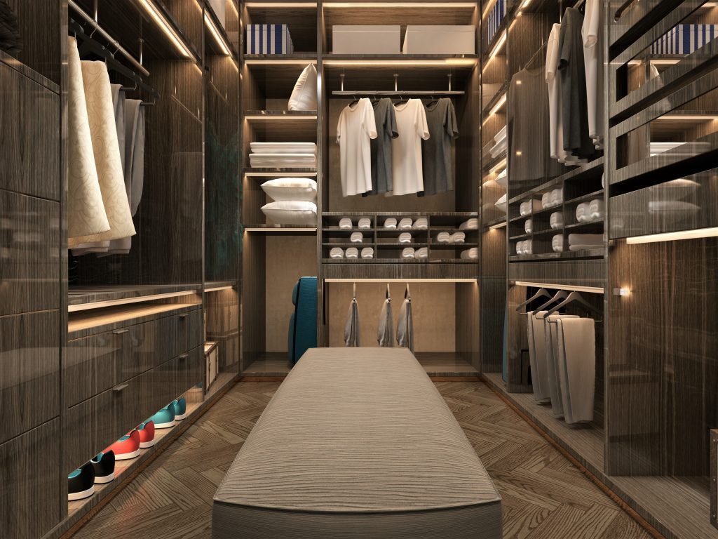 Customized wall wardrobe closet organizer with open shelves  walk in closet wardrobe with dress up table