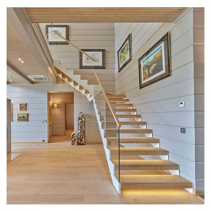 CBMmart Australian Style Interior Glass Wood Staircase Floating Straight Stairs with Led Tread