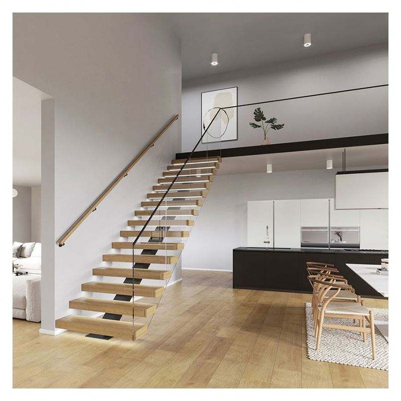 CBMmart Australian Style Interior Glass Wood Staircase Floating Straight Stairs with Led Tread