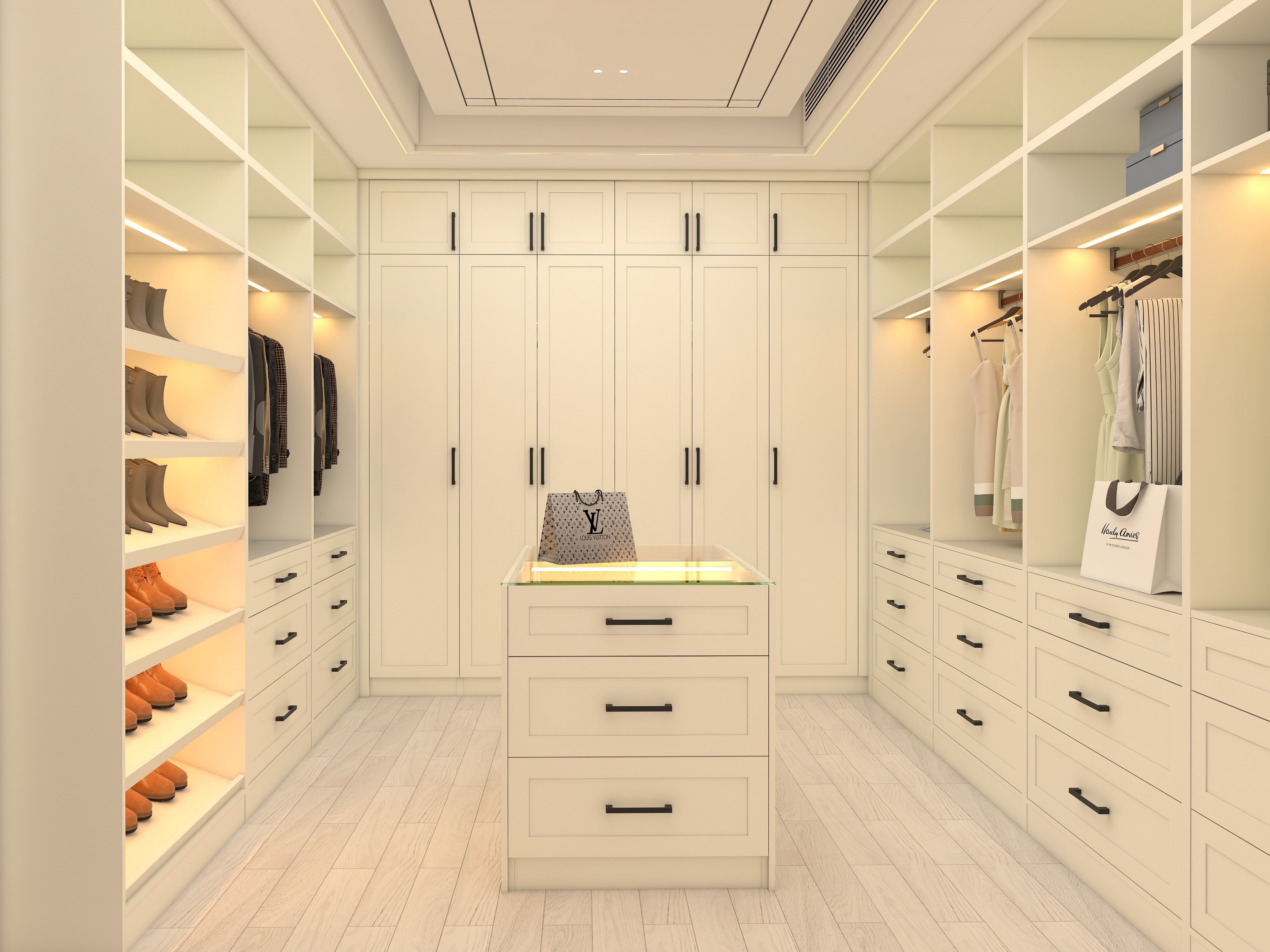 CBMmart USA Style White Classical Shaker Walk In Closet with Dresser Warm Light Shelves Walk in Closet