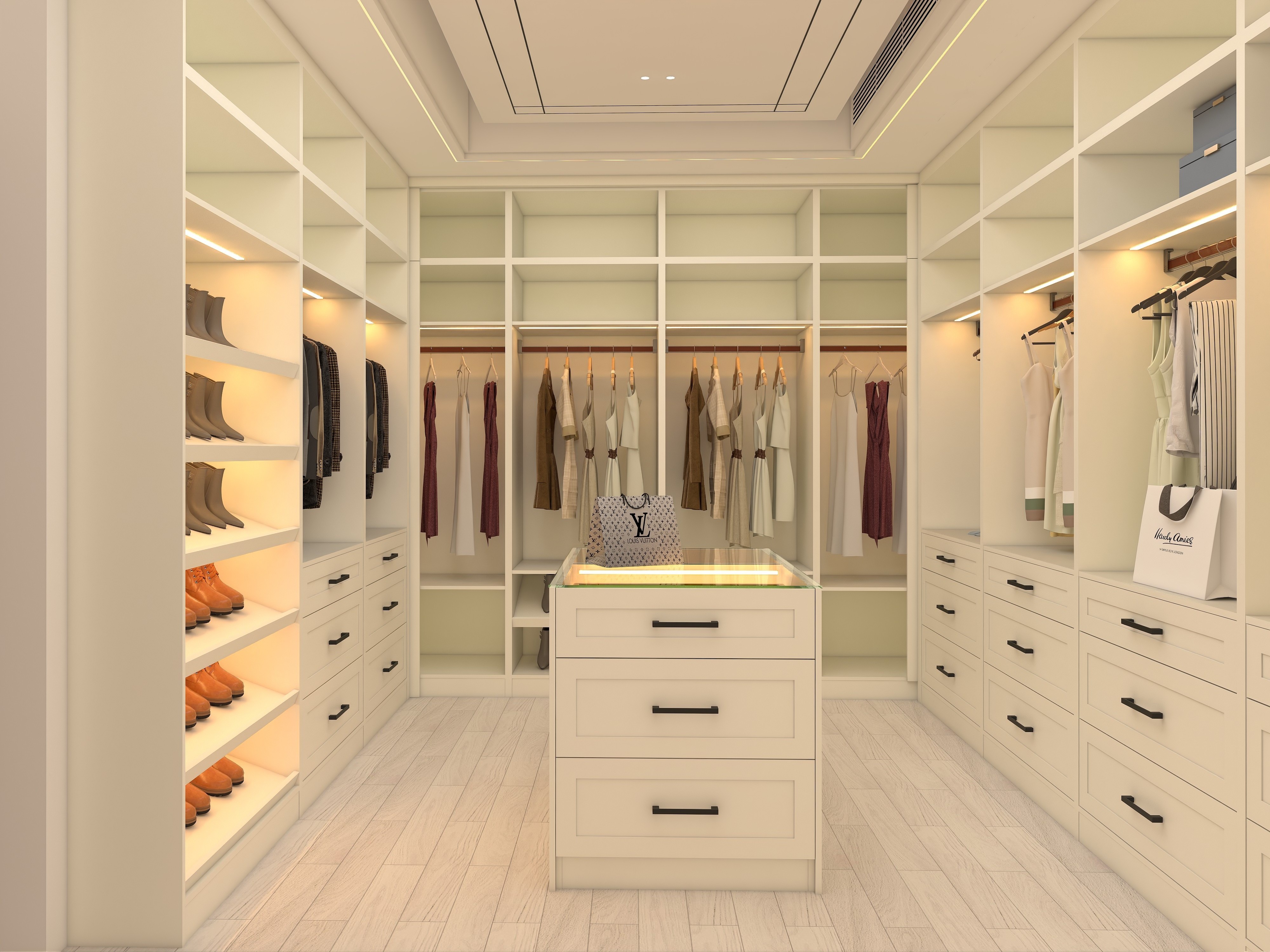 CBMmart USA Style White Classical Shaker Walk In Closet with Dresser Warm Light Shelves Walk in Closet