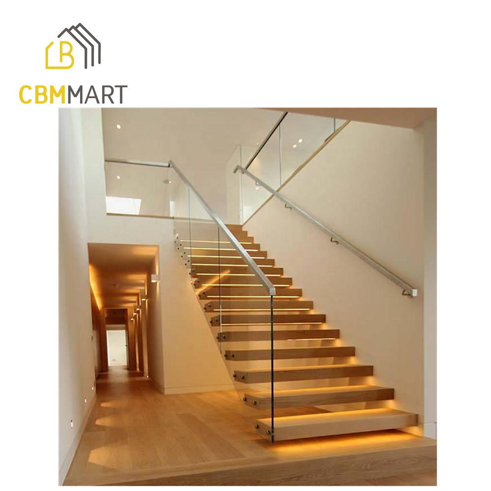 CBMmart Indoor Staircase Tempered Glass Railing Folding Modern Design Wood Stair Floating Straight Stairs Residential stair